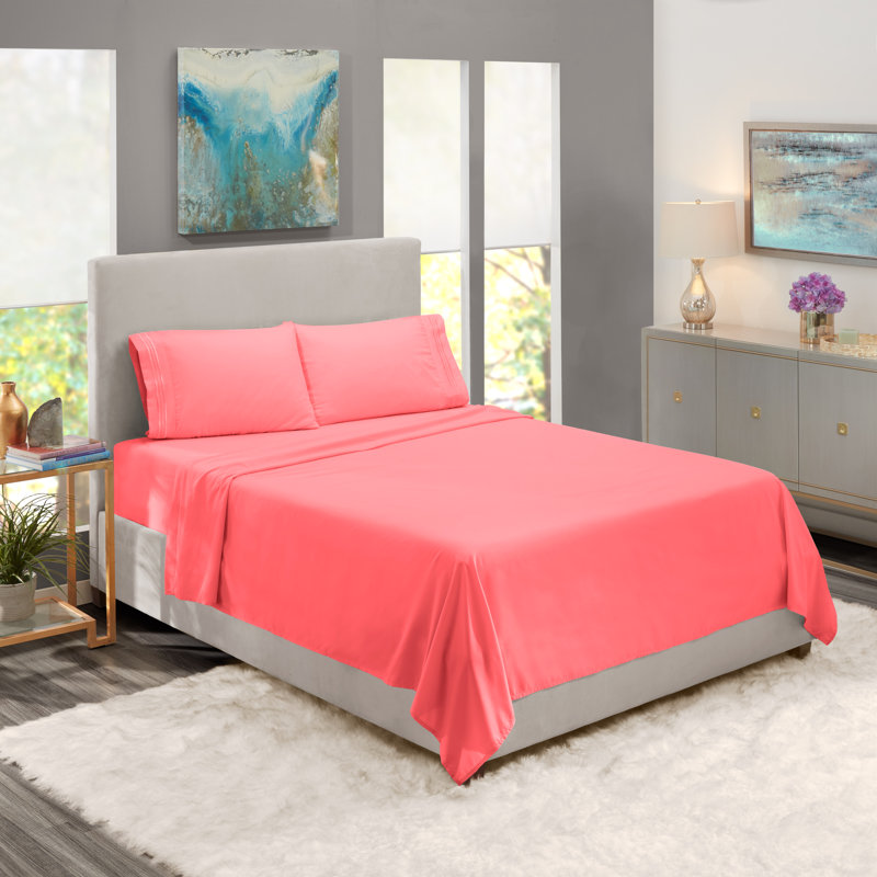  Ensemble de draps double brossé de luxe pour hôtel avec draps et taies d'oreiller très doux, Corail, Très grand