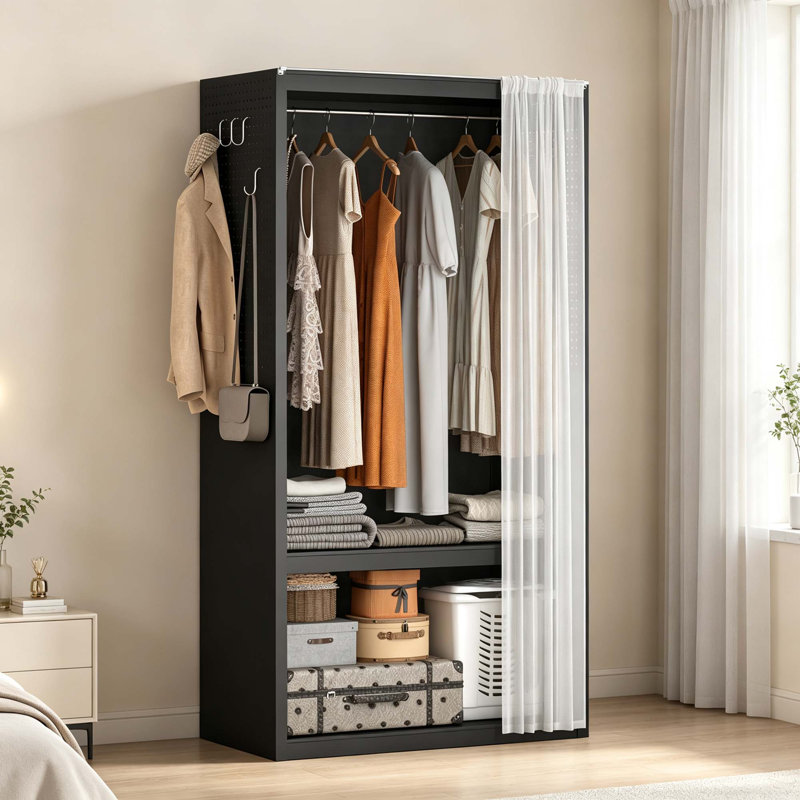 Armoire en métal autoportante avec rideau transparent et tablette de rangement