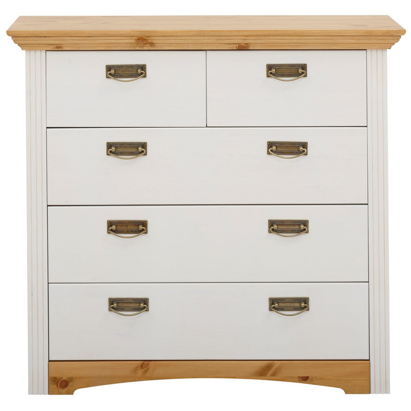 5 Drawer 88.9Cm W Solid Wood Chest Of Drawers, White/Honey