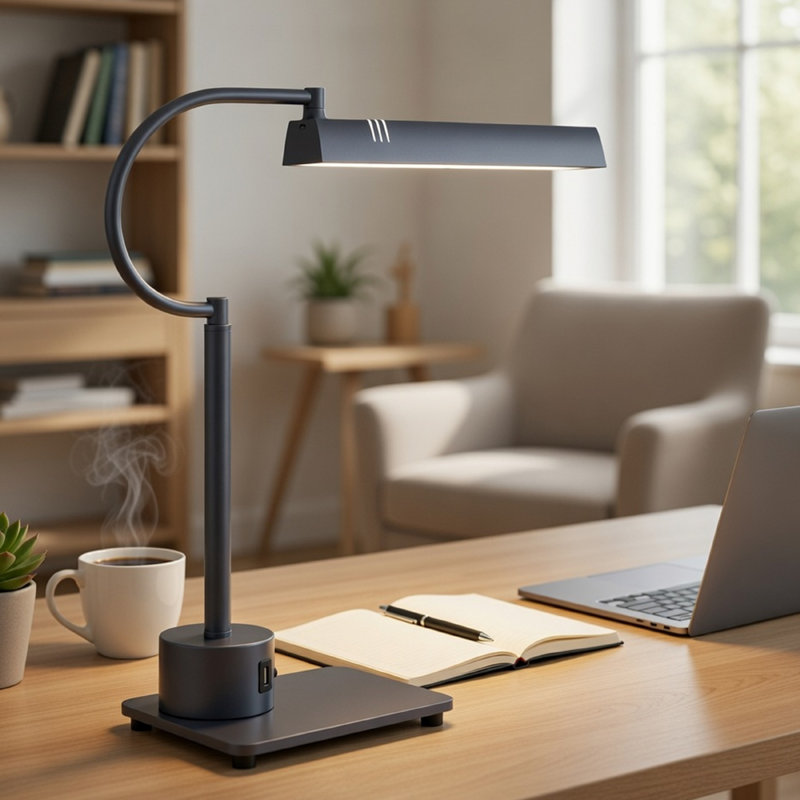 Lampe de bureau moderne avec lumière DEL et 2 ports USB, finition gris fer 18 pouces