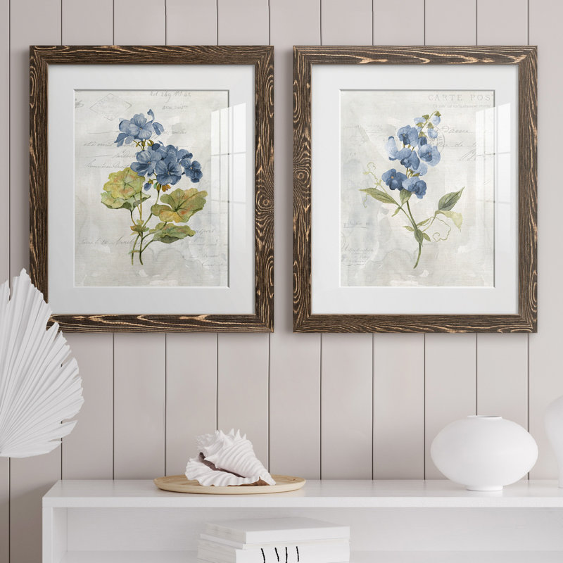 Lin bleu géranium - ensemble de 2 reproductions d'art, Impression encadrée avec passe-partout, H 20 po x l 17 po, Noyer
