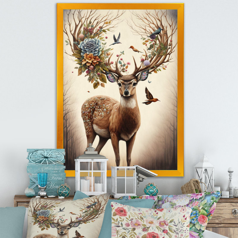 " Deer With Blooming Antlers II ", 32" H x 16" W x 1" D, Gold Closed Corner Framed Canvas