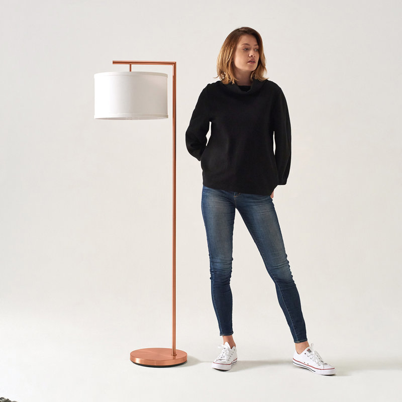 Montage Modern 60" Rose Gold LED Floor Lamp with White Fabric Drum Shade, Bulb Included, Rose Gold, White