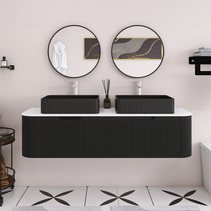 60" Woodgrain Colour Wall-Mounted Bathroom Vanity With Curved Edges & Striped Design, Storage Cabinet With 2 Drawer, 2 Black Rectangular Ceramic Basins.