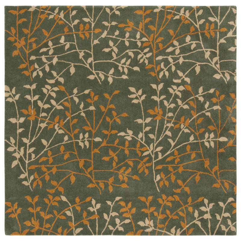 Floral Handmade Tufted Wool Green Area Rug, Square 6'