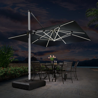 Parasol extérieur de luxe en porte-à-faux à double plateau carré 11 pi avec base, noir