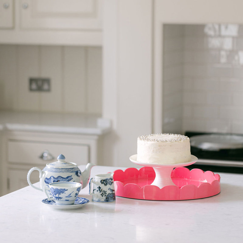 Fuschia Lacquered Round Scalloped Tray with Black Base
