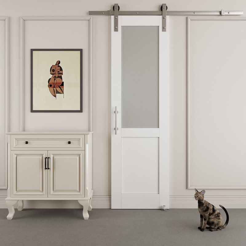 24" x 80" White Frosted Glass MDF Sliding Barn Door with Nickel Hardware