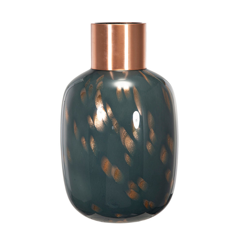 Celina Round Vase, Copper Fleck Details, Iron Neck Blue Glass, 17 Inch
