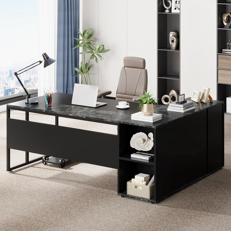 Bureau de direction en L 71 po avec armoire de rangement et tablettes, Gris/noir