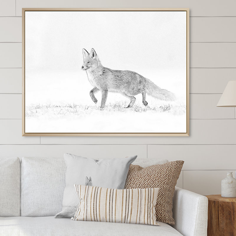 Croquis de renard noir et blanc en hiver - décoration murale traditionnelle sur toile, H 34 po x l 44 po x P 1,5 po