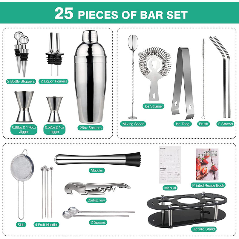 Suranne 25 Piece Stainless Steel Cocktail Shaker Bar Tool Set With Stand, Stainless Steel