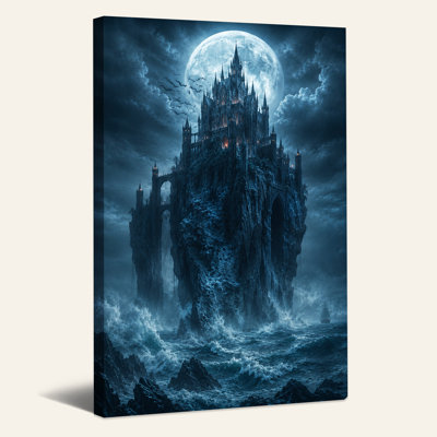Impression sur toile, "Gothic Castle on Jagged Cliff Under Full Moon"