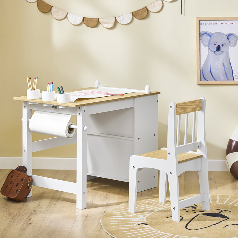 Guthki Kids 2 Piece Rectangular Play Or Activity Table and Chair Set, Natural Wood/White