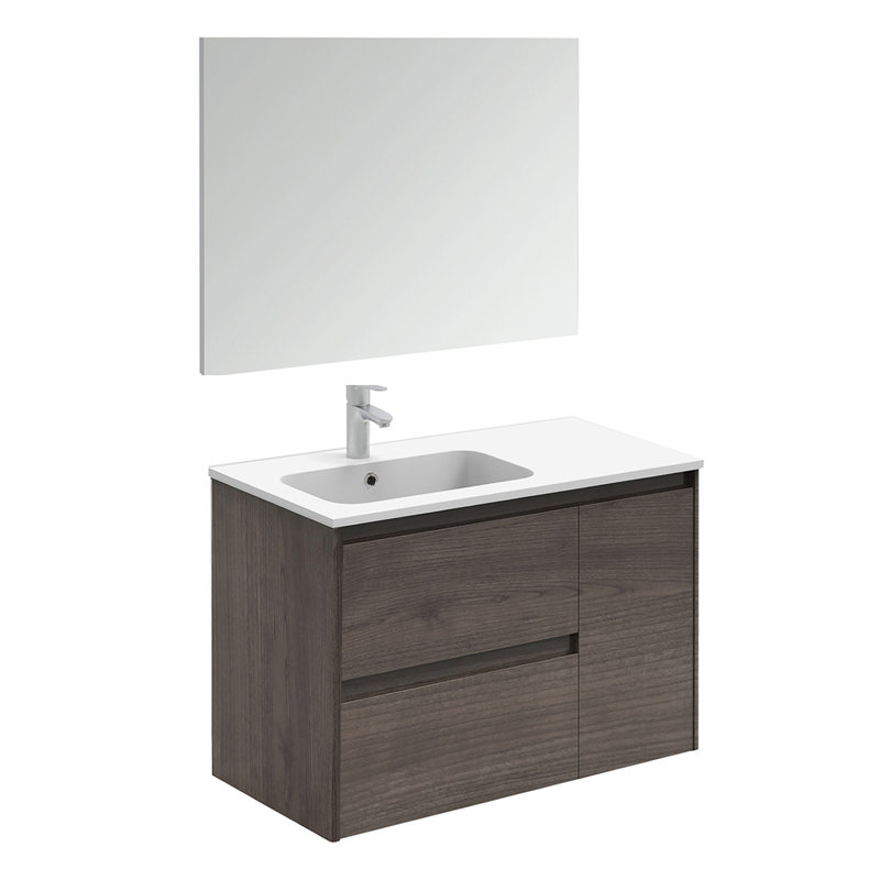 Ambra 35.6'' Samara Ash Single Sink Bathroom Vanity with Integrated Ceramic Top and Mirror
