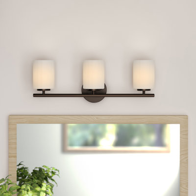 Éclairage pour salle de bain 3 lumières en bronze antique avec abat-jour en verre gravé à l'eau-forte