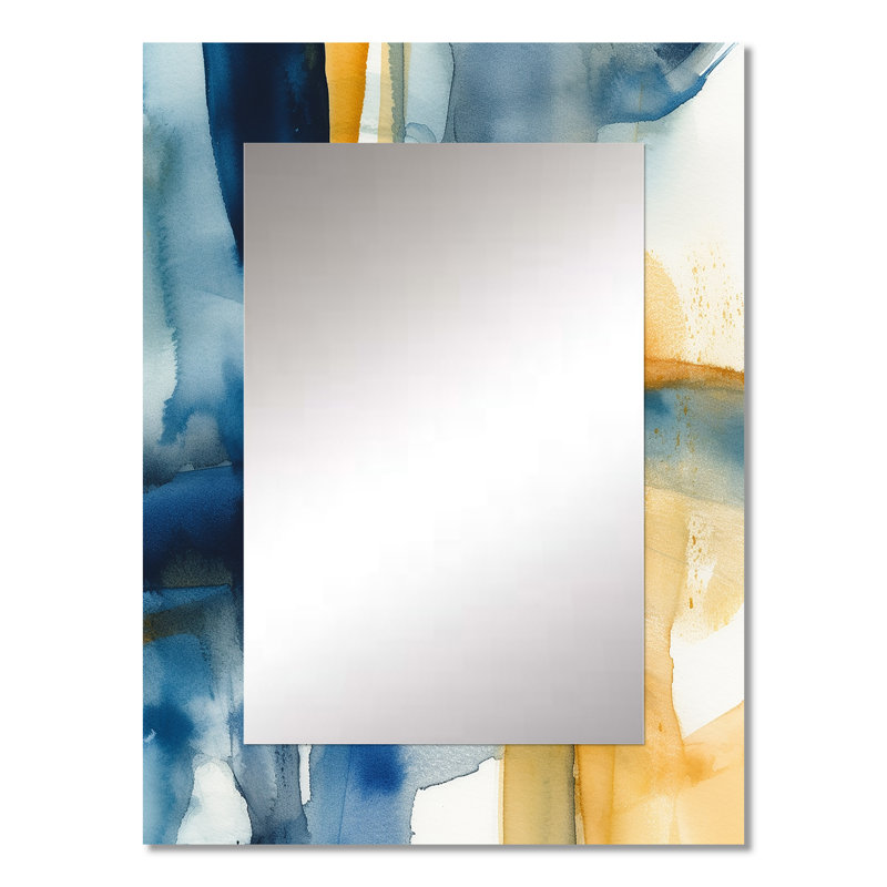 Bleu et or Fusion V - miroir de fractales, miroir mural bleu unique, impression d'art en métal, 32 po x 24 po