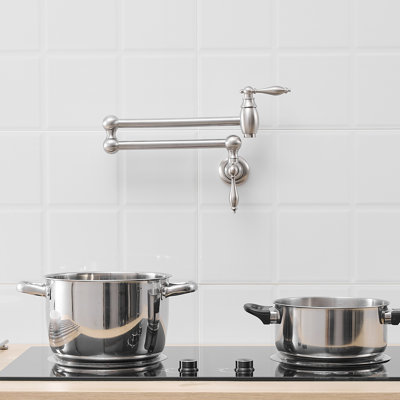 Commercial Kitchen Wall Mount Pot Filler Faucet, Brushed Nickel, Brass Material, Stretchable Double Joint Arms, Style A, Classic Design, Leak - , 360 Rotation, Dual Handles Filler, Mounted Faucet