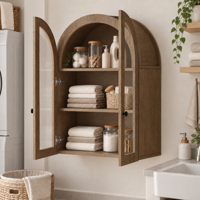 Armoire murale moderne de style ferme avec porte vitrée cintrée et étagère réglable, idéale pour salle de bain, buanderie et entrée.