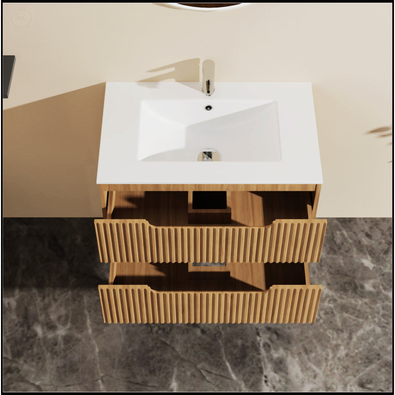 Meuble-lavabo mural de 30 po avec système de fermeture en douceur et deux grands tiroirs, finition noyer, lavabo non inclus