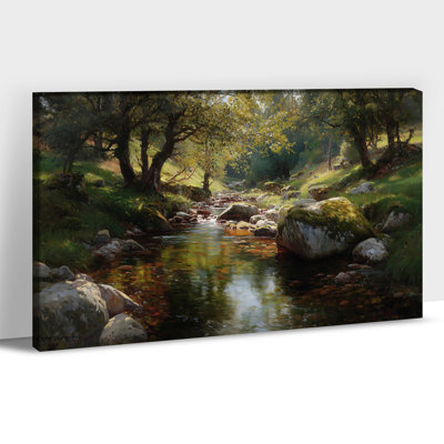 Grande montagne chalet, art mural, affiche de paysage printanier, campagne rustique avec fleurs sauvages, verdure et ruisseau pour salon, chambre, bureau, prêt à être suspendu, 36 po x 48 po