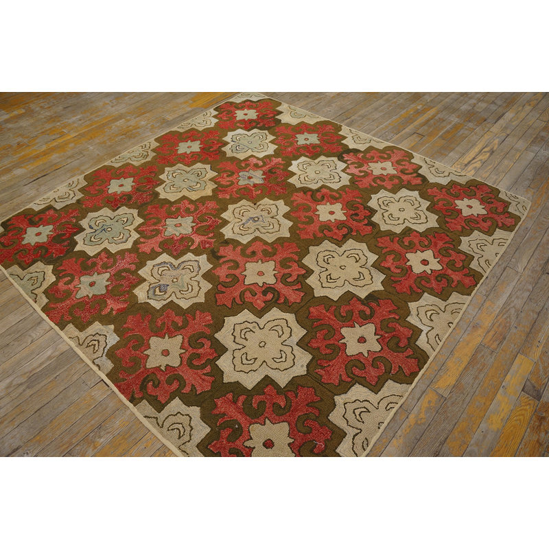 Antique American Hooked Rug America Geometric Hand-Woven