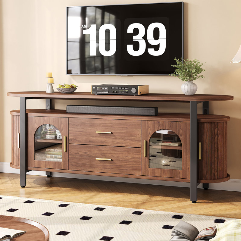 63" Mid-century Modern Tv Stand Fits Tvs Up To 70", Entertainment Center With Storage Drawer And Sliding Door, Walnut Tv Console For Living Room, Bedroom