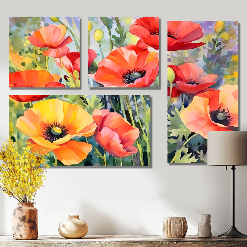 Vibrant Poppies I - art mural corail 4 pièces, Toile tendue, Ne s’applique pas