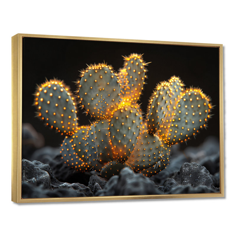 Cactus jaune, jaune, noir, coucher de soleil, Toile avec cadre flottant or, H 16 po x l 32 po x P 1 po