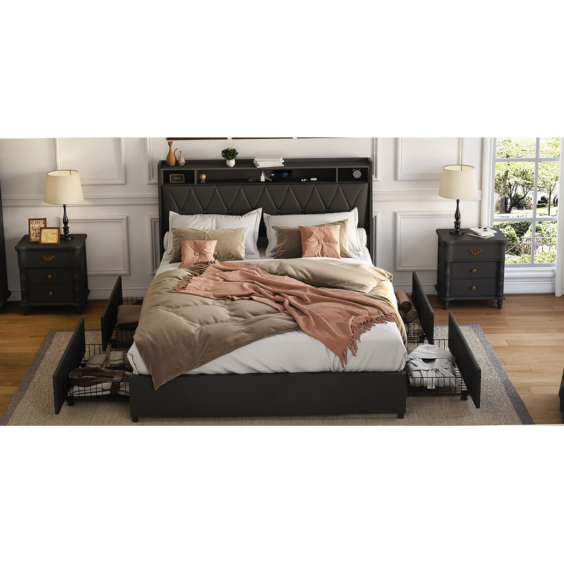Base de lit double, tête de lit ergonomique, plateforme, prises, chargeur, tablette de rangement, Noir