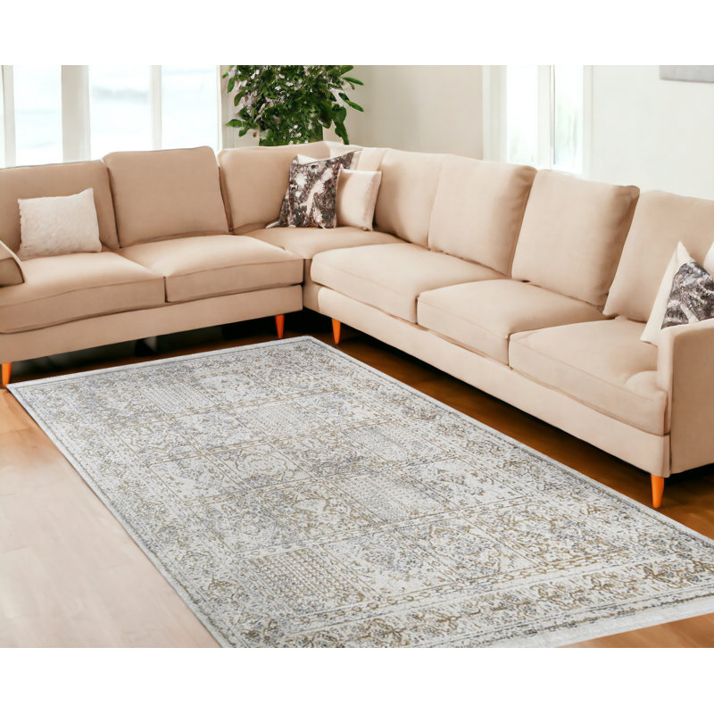 Tapis oriental ivoire délavé avec frange, Rectangle 9 pi 2 po x 12 pi 6 po