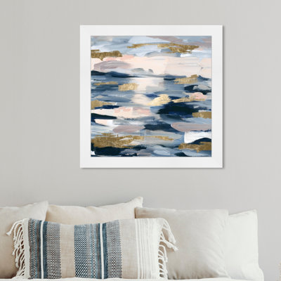Blue And Gold Abstract Paint Brush Glam Modern Framed Art Print For Living Room