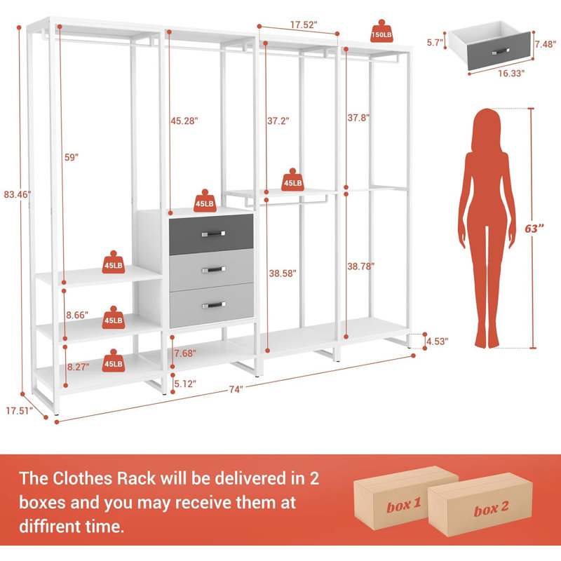  74'' Closet System with Wooden Drawers and Hanging Rods, White/Gray