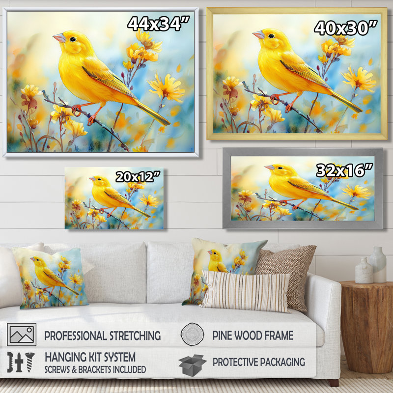 Oiseau pinson sur une tige de fleur sauvage III - oiseau, art mural, Floater Framed, Crème, crème, H 24 po x l 32 po