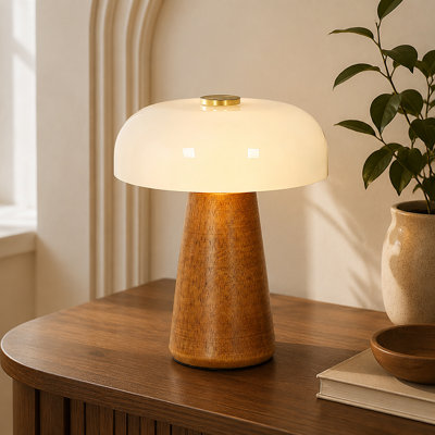Lampe de table champignon moderne à 2 lumières, style milieu du siècle, avec abat-jour en verre opalin et bois brun, pour chambre à coucher