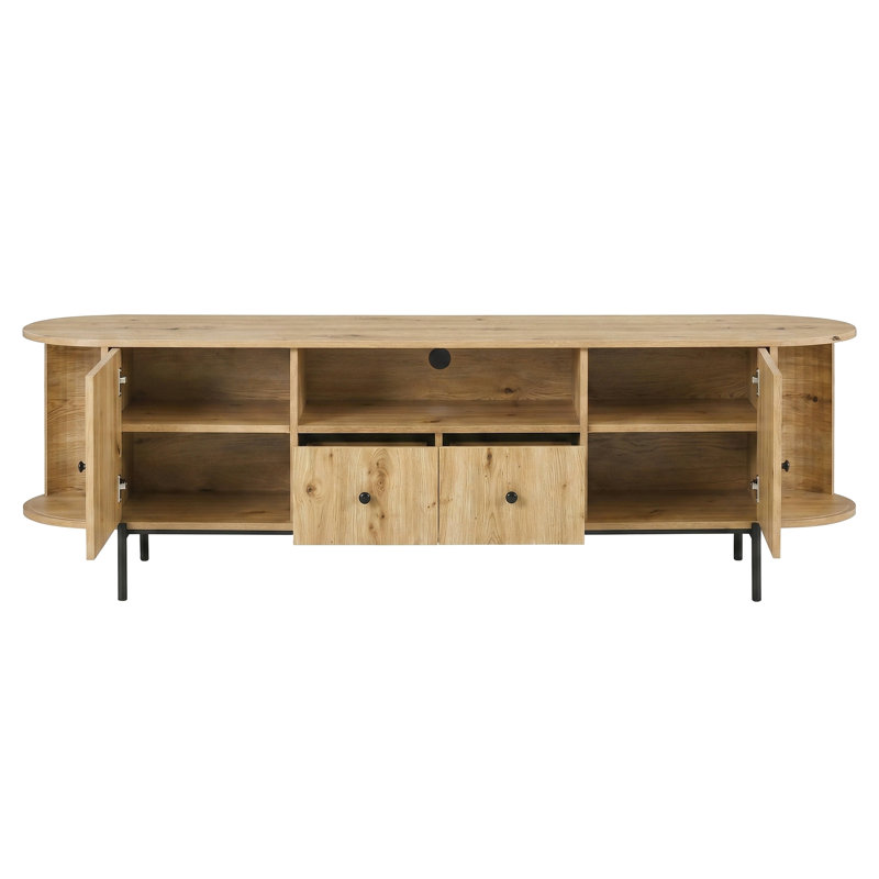  Meuble télé 70,9 po de style Mid-Century, pouvant accueillir un téléviseur de 75 po ou moins, avec console média en rotin et portes arquées avec tiroirs