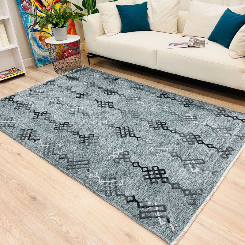 Alfa Rich Moroccan Bluish Gray Washable Cotton Area Rugs for Living Room Bedroom Kitchen Dining, Runner 2'6" x 9'8"