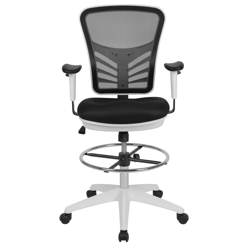 Mid-Back Mesh Ergonomic Drafting Chair with Adjustable Chrome Foot Ring, Adjustable Arms, Black, White