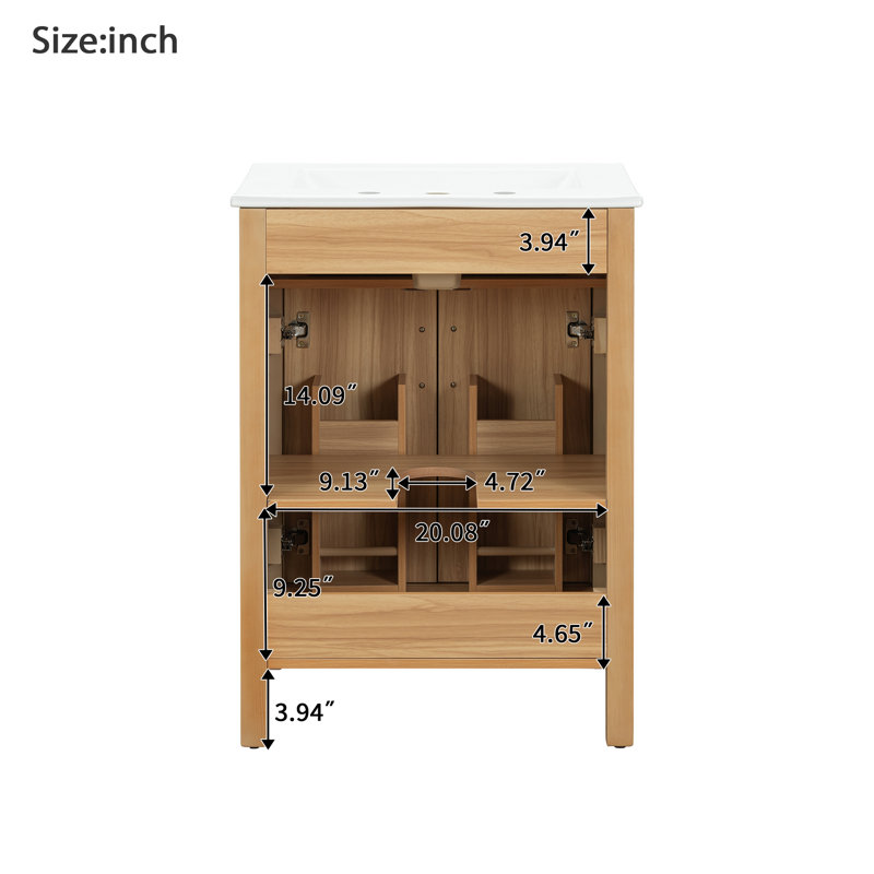 24" Modern Bathroom Vanity With Wood Frame, Ceramic Sink, Flip Drawer, Soft-Close Doors, Adjustable Shelf & Door Storage