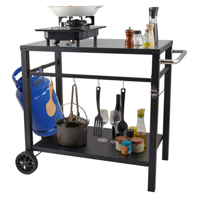 Chariot de salle à manger d'extérieur avec double tablette, table de préparation pour barbecue mobile, plateau en fer multifonctionnel, chariots modulaires portables pour four à pizza, table de travail à 2 roues, poignée de transport, noir