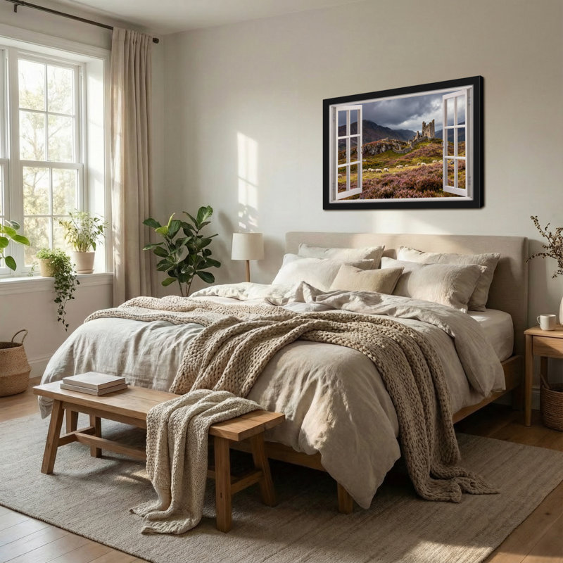Landscape & Nature Open Window Castle Landscape Sheep Mountains Heather Sky, 24" H x 36" W
