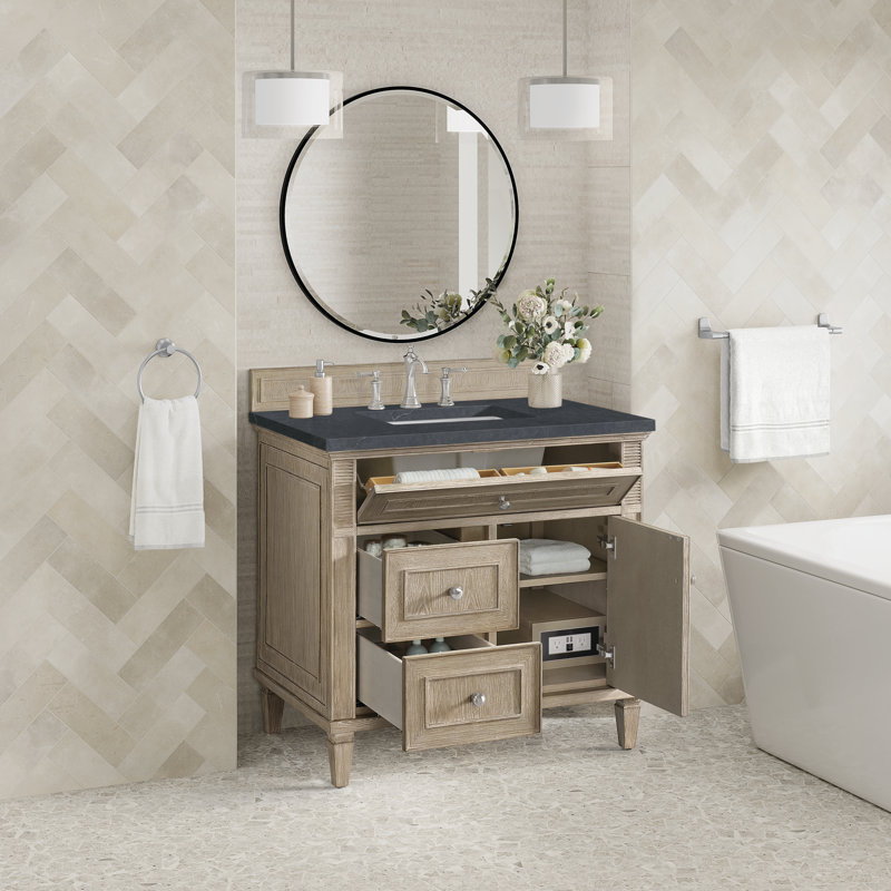Lorelai 36'' W Single Vanity, Charcoal Soapstone, Whitewashed Oak, 8" Widespread