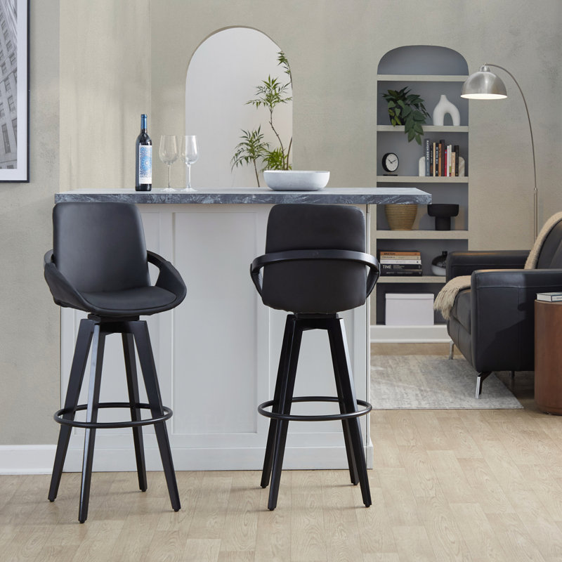 Tabourets de bar pivotants à hauteur fixe, structure en bois noir avec siège en similicuir noir, repose-pieds rond en métal, ensemble de 2, îlot de cuisine et tabouret de bar