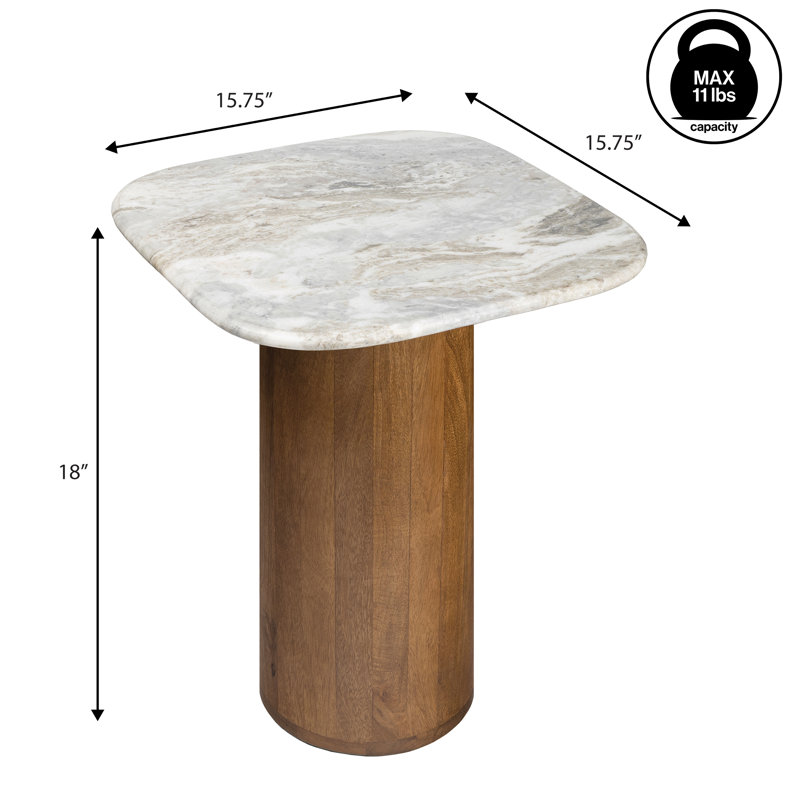 Milos 18" Modern Natural White Marble Square Top End Table, Honey Wood Cylinder Pedestal Base Accent Side Table for Living Room
