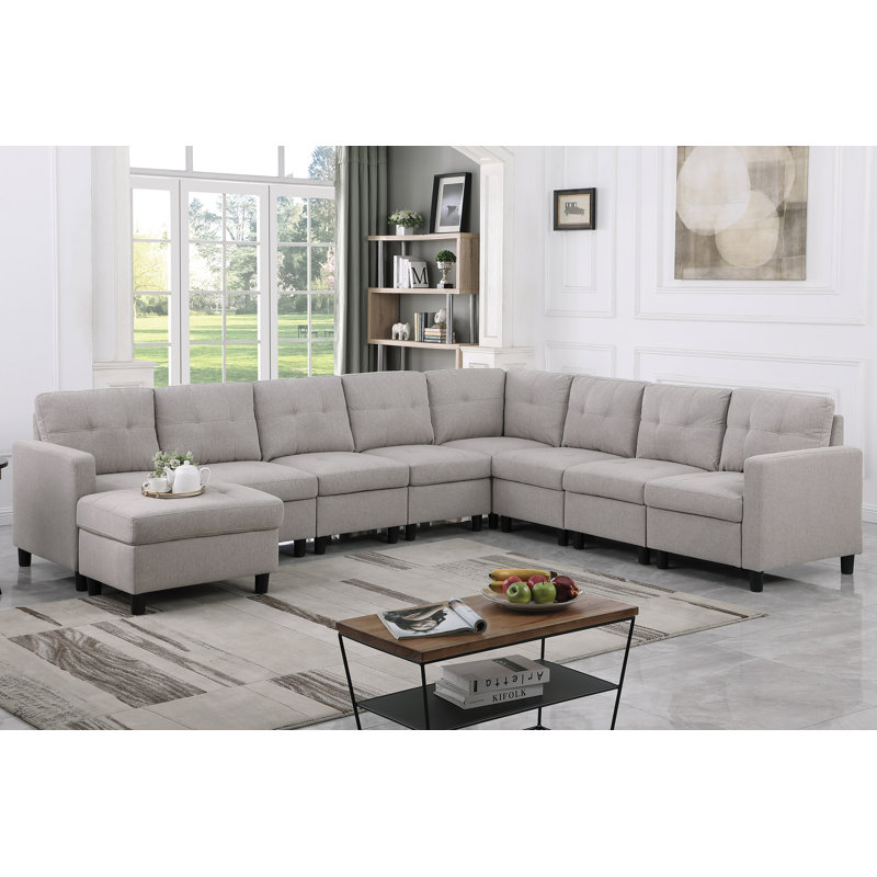 Milou 9 Pieces Modular Sofa Set, Light Gray Linen Blend