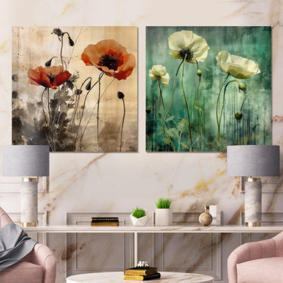 «Emerald Vibrant Poppies», 2 pièces