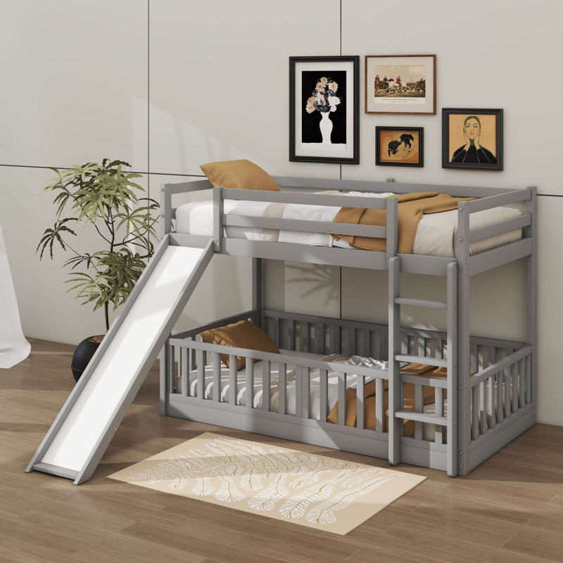 Twin Over Twin Bunk Bed With Slide And Ladder Wood Bed, Gray