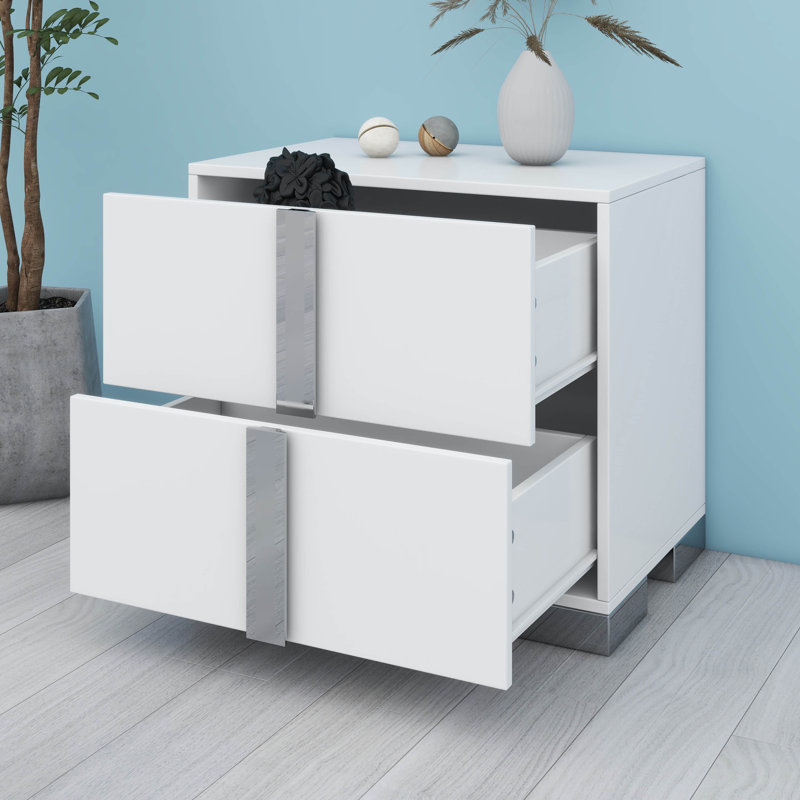 Table de chevet élégante avec pied en métal et table de chevet à miroir avec 2 tiroirs, Blanc