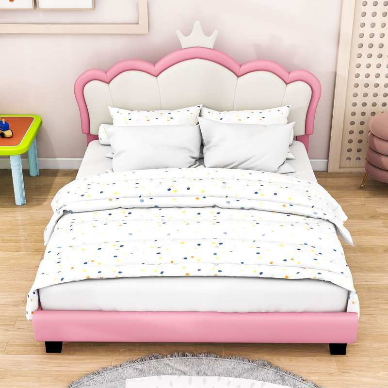 Lit plateforme tapissier avec tête de lit en forme de couronne, Double