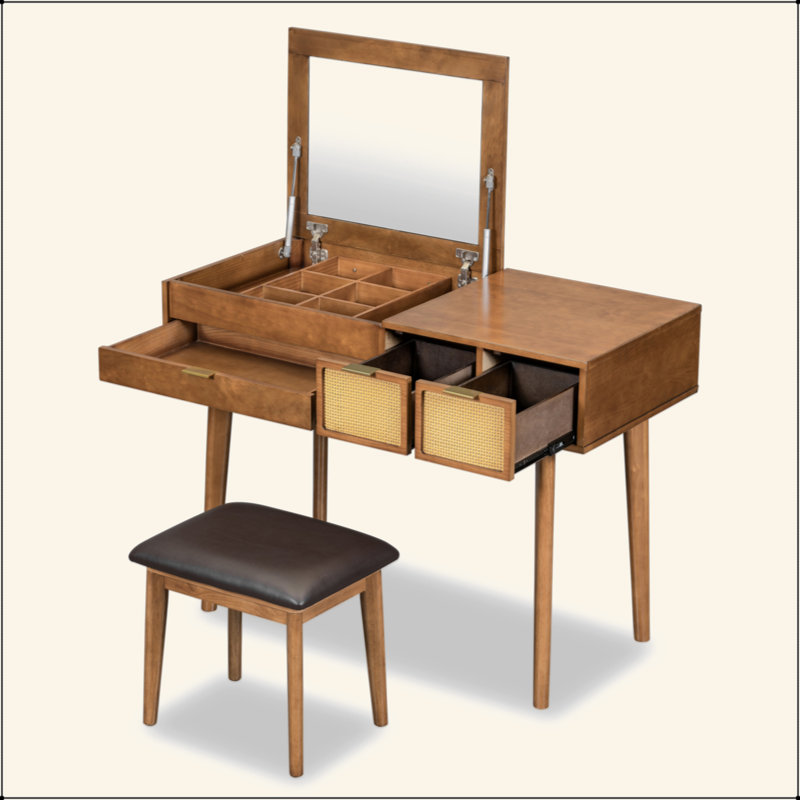 43.3" Classic Wood Makeup Vanity Set With Flip-Top Mirror And Stool, Dressing Table With Three Drawers And Storage Space, Brown